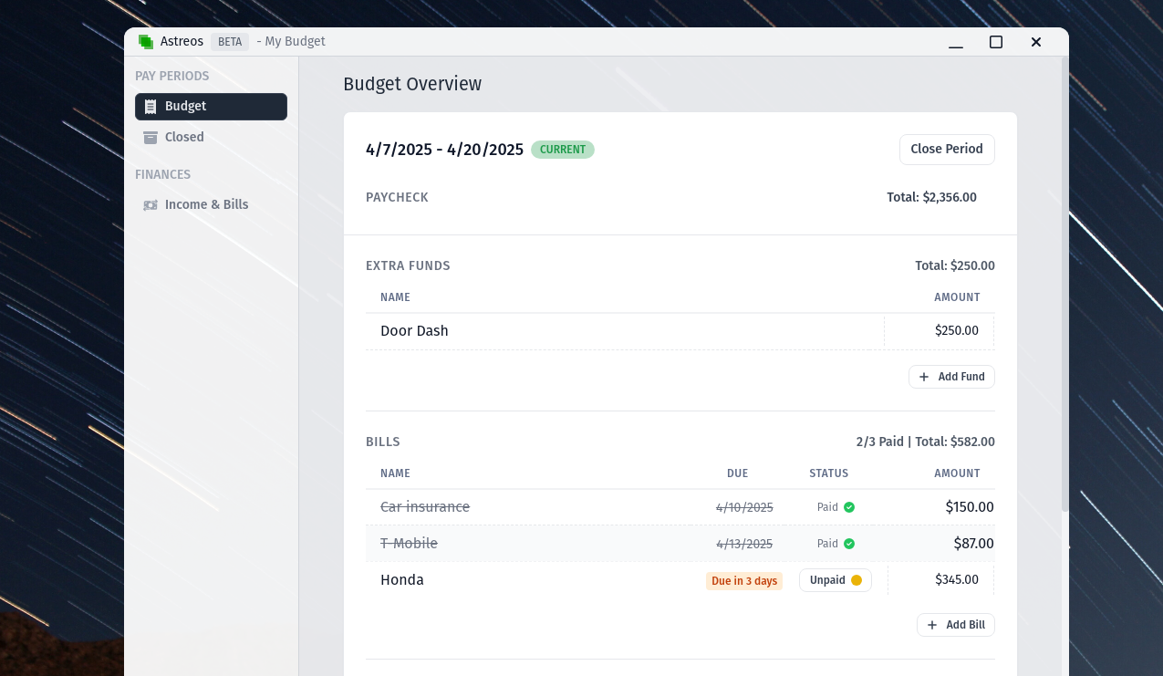 Astreos pay period budget planner view