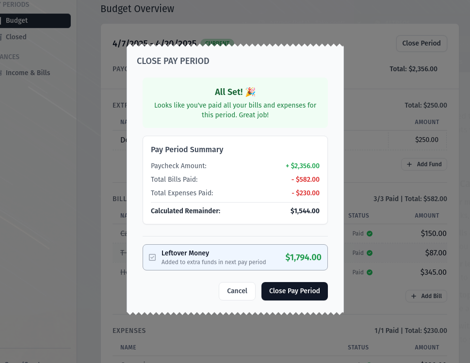 Astreos budget rollover feature for leftover money